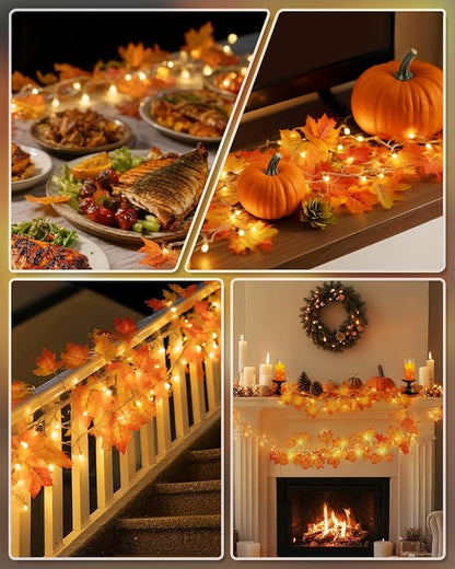 Luditek Fall Decor 3-Pack Fall Leaf Garland with Lights, Total 24.6ft 60 LED Halloween String Lights, Thanksgiving Decorations for Home Holiday Autumn Indoor Friendsgiving Gift
