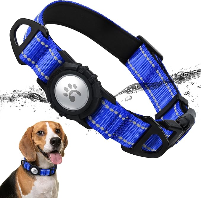 TagME Airtag Dog Collar,Waterproof Reflective Pet Collar with Airtag Holder,Soft Padded and Double D-Rings for Medium Dogs,Navy Blue-Mewly Pet