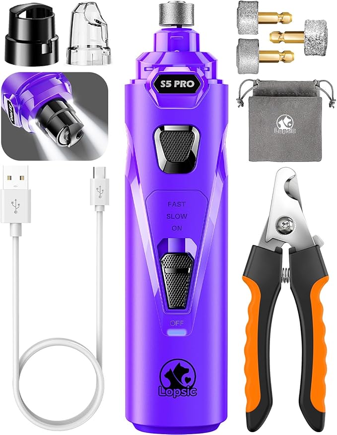 Dog Nail Grinder with 2 LED Lights Powerful 2 Speeds Super Quiet Dog Nail Trimmers with 3 Grinding Wheels Rechargeable Pet Dog Nail Clippers for Large Medium Puppy Dogs Dog Nail File Cat Nail Clipper-Mewly Pet