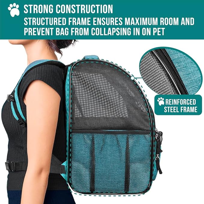 PetAmi Dog Backpack Carrier for Small Large Cat, Pet, Puppy, Ventilated Pet Hiking Backpack Travel Bag, Airline Approved Cat Backpack Carrier, Camping Biking Dog Bag Up to 18lbs Pet, Teal Turquoise-Mewly Pet