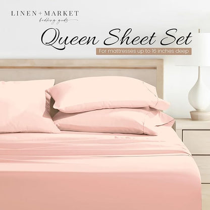 Linen Market Double-Brushed Microfiber Queen Sheet Set 4 Piece – Oeko-TEX Certified Ultra Soft & Wrinkle-Free - 16" Deep Pocket Sheets - Easy Care Queen Size - Blush