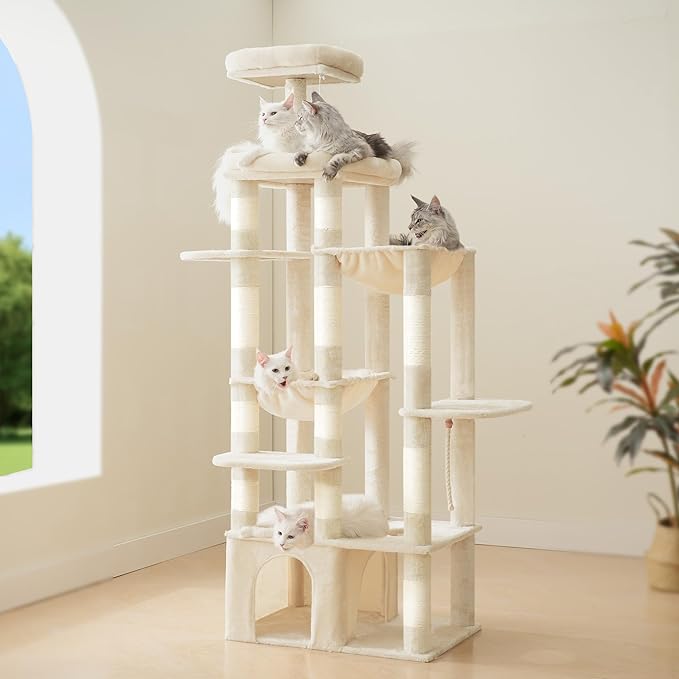 Heybly Heavy Duty Cat Tree, 71-Inch Tall Tower for Large Maine Coon with Extra-Large Baseboard, Cat Condo Furniture with Multi-Level Platforms, 2 Hammocks and 12 Scratching Posts, Beige HCT037M-Mewly Pet