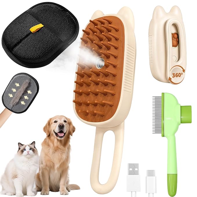 Cat Steam Brush for Shedding, 4 in 1 Rechargeable Steam Brush for Cats and Dogs, Anti-Static, Massage, flea comb for cats& Pet Removal Hair Glove,Shedding & Combing All In One!-Mewly Pet