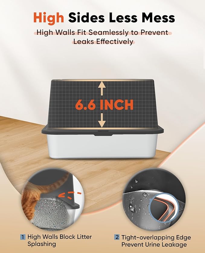 Stainless Steel Litter Box with Lid, 23.5" L x 15.8" W x 10.5" H, Large Metal Cat Box for Big Cats, High Sided Kitty Litter Box with Scoop & Pee Pads, Non-Sticky, Anti-Leakage, Easy to Clean (Black)-Mewly Pet