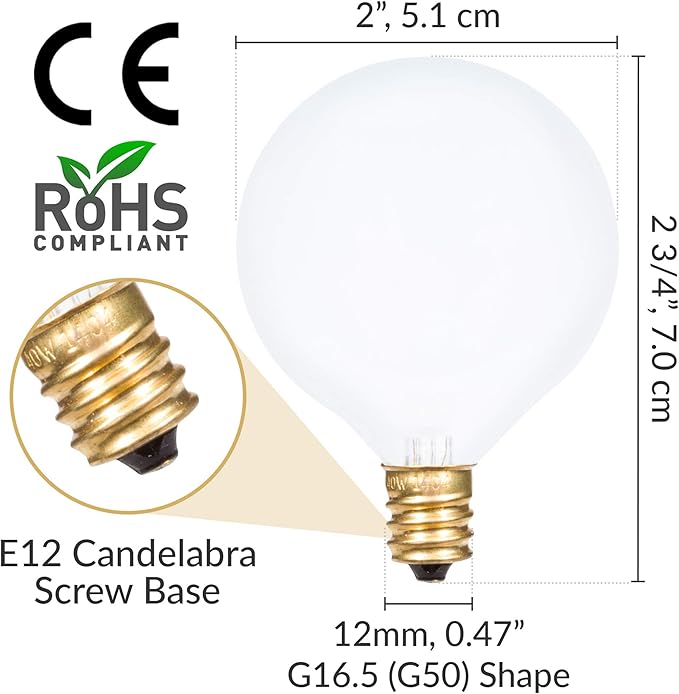 Simba Lighting Small Globe G16.5 Round Bulb 25W E12 Candelabra Base (10 Pack) for Chandelier, Ceiling Fan, Decorative Vanity Lights, Sconce, Aromatic Wax Warmer, Frosted Glass 120V, 2700K Warm White