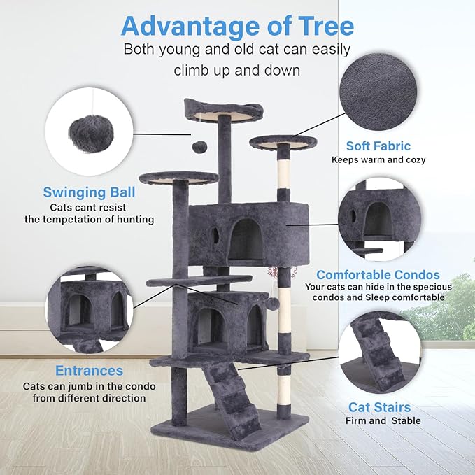 FDW Cat Tree 54in Cat Tower Multi-Level Durable Cat Scratching Post & Cozy Fun Cat Jumping Platform Space Saving Cat Condo Pet Play House for Indoor Cats,Ashy-Mewly Pet