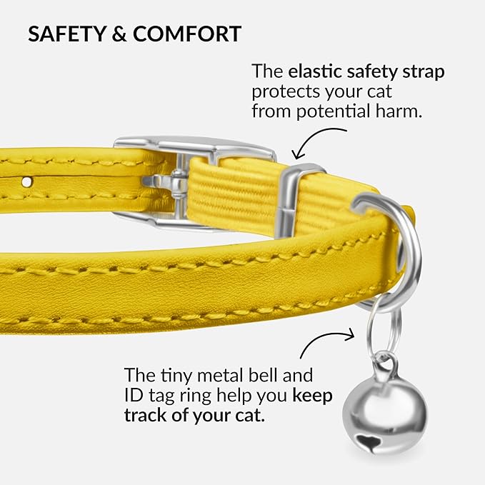 CollarDirect Leather Cat Collar with Bell - Kitten Collar, Small and Big Cat Strap for Boy Cats, Girl Cats with Safety Elastic Strap (Neck Fit 8"-11", Yellow)-Mewly Pet