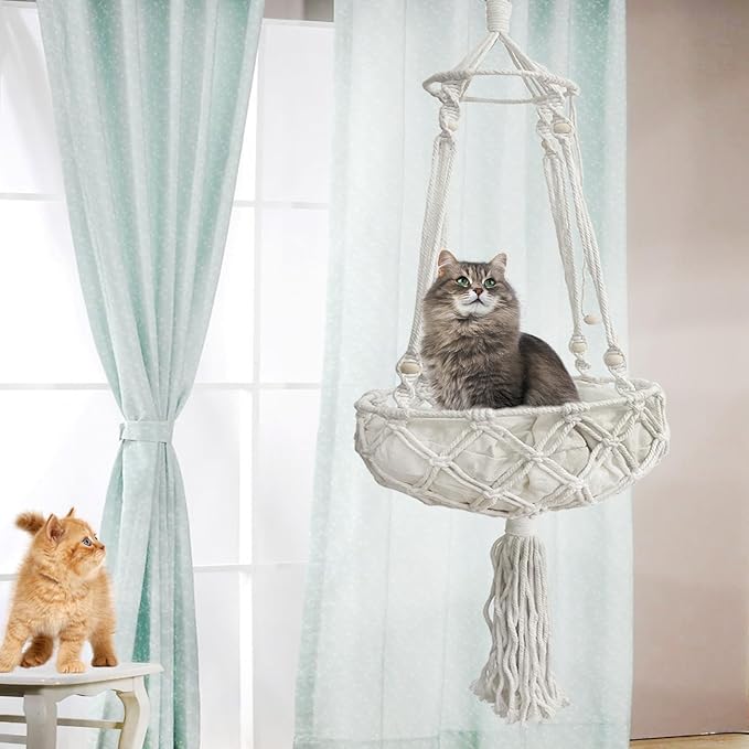 kathson Macrame Cat Hammock with Cushion,Handwoven Cats Bed,Hanging Indoor Boho Kitten Swing Beds for Playing Sleeping Climbing and Lounging(XL)-Mewly Pet