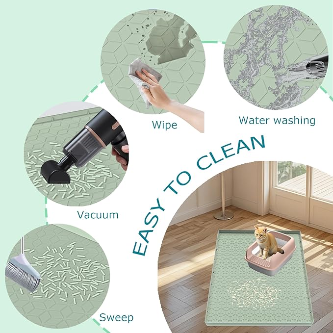 Cat Litter Mat, Silicone Large Cat Mat for Litter Box - 34x22 in, Waterproof & Non-Slip, Durable & Easy Clean, Green-Mewly Pet