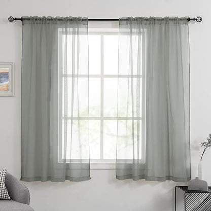 HUTO Sage Grey Sheer Window Curtains 52 by 63 Inch Length Rod Pocket Window Sheer Panels Drapes 2 Panels Curtains for Bedroom Living Room Nursery
