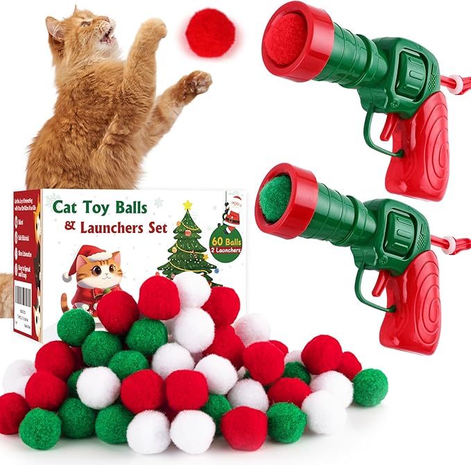 Cat Toy Set (2+60) - Pom Pom Balls & Launchers, Interactive Enrichment Toys-Mewly Pet