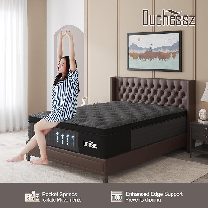 Full Mattress, 14 Inch Hybrid Mattresses Black with Gel Memory Foam and Individually Pocket Innerspring Euro Top Medium Firm for Motion Isolation, Edge Support, 100 Night Trial