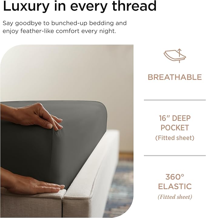 Threadmill Luxury 800 Thread Count Queen 100% Cotton Sheets - Dark Grey Sateen Weave Bed-Sheets, Better Than Egyptian Cotton,4 Pc Solid Soft Bedding Set, Fits 16" Deep Pocket