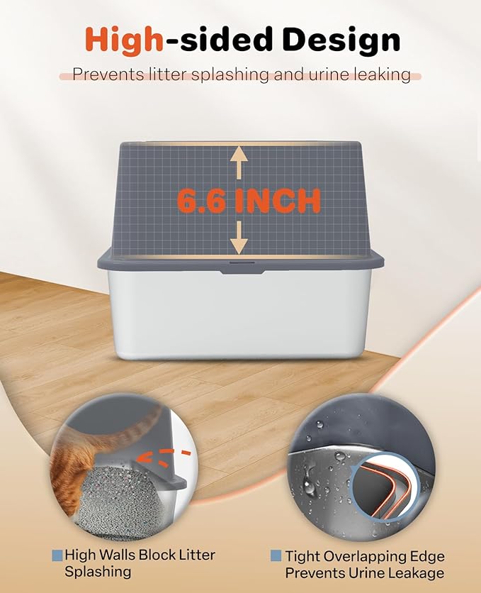 Stainless Steel Litter Box with Lid, 23.5" L x 15.8" W x 12.6" H, XL Metal Cat Box for Big Cats, High Sided Kitty Litter Box with Scoop & Pee Pads, Non-Sticky, Anti-Leakage, Easy to Clean (Gray)-Mewly Pet