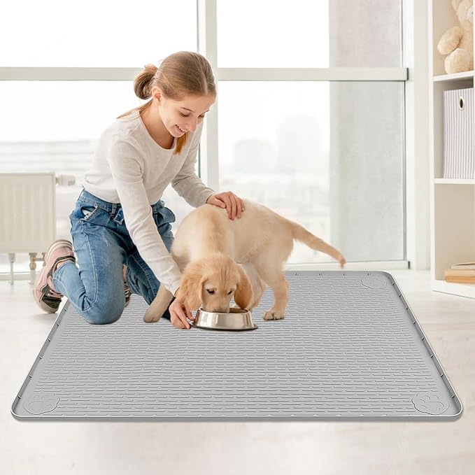 Cat Food Mat, 40" x 28" Extra Large Silicone Pet Feeding Mat with Raised Edge Pet Placemat for Food and Water Bowl Non-Slip, Easy to Clean, Floor Protection (Grey)-Mewly Pet