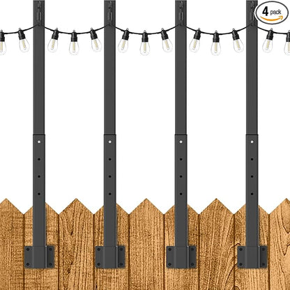 4 Pack 2.8Ft Suspension Outdoor String Light Poles for Outside String Lights Hanging,with Clip and Holder,Light Post Mounting Stand for Patio Fence Wall Garden Backyard Deck