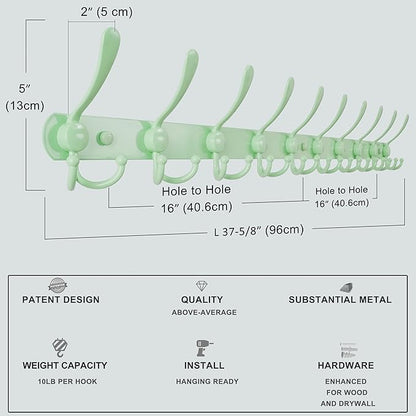Dseap Coat Rack Wall Mount - 38” Long 10-Tri-Hooks Heavy Duty Coat Hanger Rail Wall Hooks for Hanging Coats Hats Clothing Clothes Purse Mudroom Entryway, Green