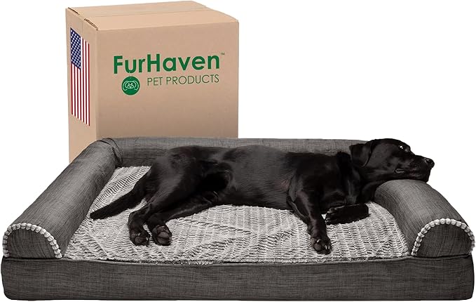 Furhaven Orthopedic Dog Bed for Large Dogs w/ Removable Bolsters & Washable Cover, For Dogs Up to 125 lbs - Luxe Faux Fur & Performance Linen Sofa - Charcoal, Jumbo Plus/XXL-Mewly Pet