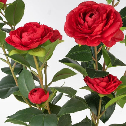 Artificial Camellia Tree 2 Pack, 3FT Faux Camellia Plant in Pot, 36 inch Fake Potted Camellia Flower Tree Plastic Camellia Tree for Modern Home Office Living Room Floor Decor Indoor, Red