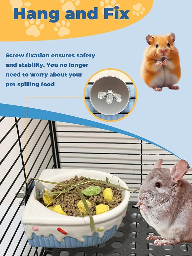 Chinchilla Food Bowl Ceramic Guinea Pig Cage Feeder Hanging Bunny Food Dish Small Animal Feeding Bowls for Syrian Hamster Ferret Gerbils (Blue)-Mewly Pet