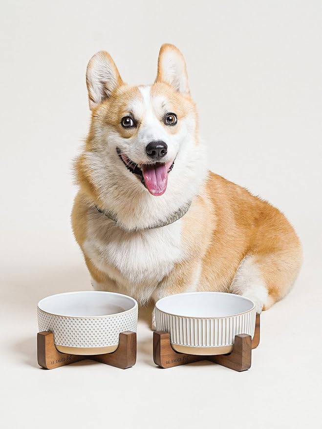 Ceramic Dog Bowls for Medium Small Dogs - 4 Cup Medium Dog Food and Water Bowls with Wood Stand, Cute Pet Dishes Set of 2, Lines+Dot-Mewly Pet