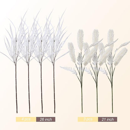 7 PCS Artificial Fall Stem Fake Plants, 26 in Fake Leaves Autumn Greenery Branches White Flowers Faux Foliage DIY Stems for Vase Thanksgiving Home Kitchen Office Indoor Centerpiece Table Decoration