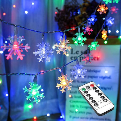 BrizLabs Colored Snowflake Lights, 40 LED 16.08ft Snow Flake Christmas Lights with Remote, 8 Modes LED String Lights Waterproof, Dimmable Battery Xmas Lights for Indoor Outdoor Christmas Tree Decor