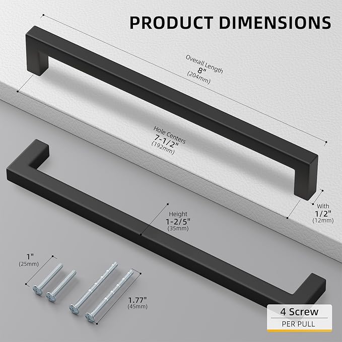 goldenwarm 45 Pack 7-1/2 Inch Black Cabinet Handles Matte Black Drawer Pulls Stainless Steel Cabinets Hardware Square Bar Modern for Kitchen Bathroom Cupboard