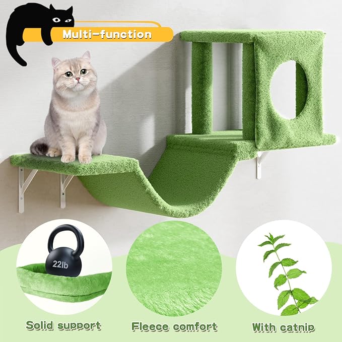NUNU LAB Wall Mounted Cat Furniture, 6 Pcs Cat Wall Shelves with Condo House, Bridge, Steps, Scratcher, Hammock, Indoor Safe & Stable Furniture for Kittens Play, Green-Mewly Pet