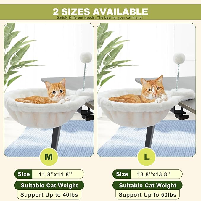 PAWZ Road Cat Bed for Desk with Interactive Plush Ball, 12 Inches in Diameter,Space-Saving Cat Desk Bed, White Cats Hammock for Table Supports Up to 40lbs, Medium-Mewly Pet