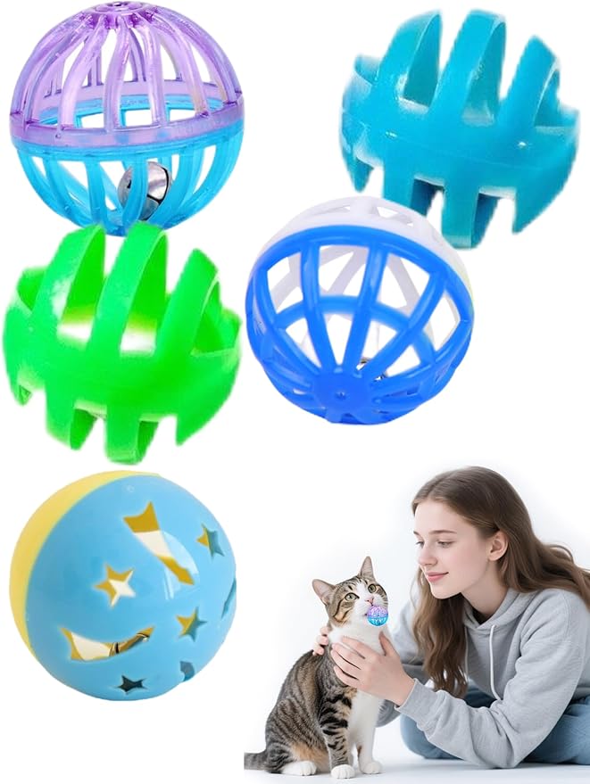 5-Piece Cat Toy Balls with Bells for Kittens and Indoor Cats, Over The Moon(1.5'', Basic Cat Toy Set)-Mewly Pet
