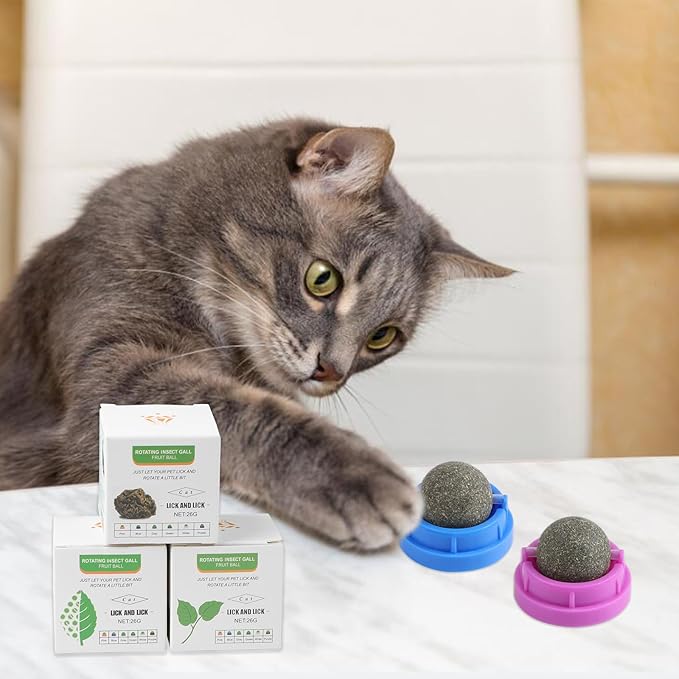 KIMOBER 6 Pack Catnip Ball for Cats,Edible Kitten Chew Toys with Catnip Silvervine Gall Fruit Flavors for Cats Lick Dental Teeth Cleaning Cats Wall Treats-Mewly Pet