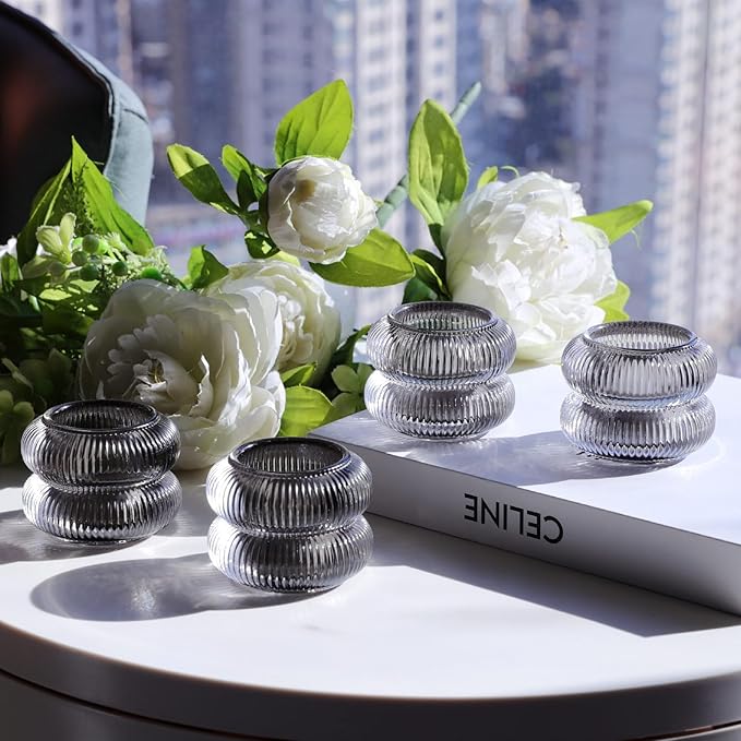 Woho Smoke Grey Votive Candle Holders Set of 6, Vintage Ribbed Tealight Candle Holder for Daily Home Decor, Classy Tea Light Candle Holder Glass for Living Room Table Decor(Grey, 2.1" H X 2.75" D)