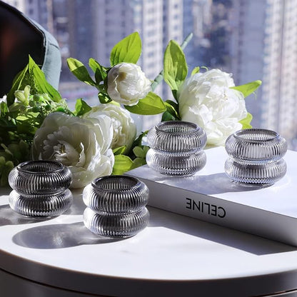 Woho Smoke Grey Votive Candle Holders Set of 6, Vintage Ribbed Tealight Candle Holder for Daily Home Decor, Classy Tea Light Candle Holder Glass for Living Room Table Decor(Grey, 2.1" H X 2.75" D)