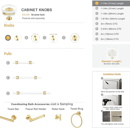 QOGRISUN 5-Pack Brass Crystal Cabinet Knobs,Glass Crystal Gold Drawer Knobs,1-1/4-Inch Round, Decorative Dresser Pulls, Modern Cabinet Hardware