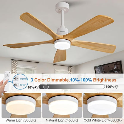 52 Inch Outdoor Ceiling Fans with Lights and Remote Control, Dimmable 5 Blade Wood Outdoor Ceiling Fans for Patios, White Natural Wood Bedroom Ceiling Fan with Lights, Noiseless DC Motor