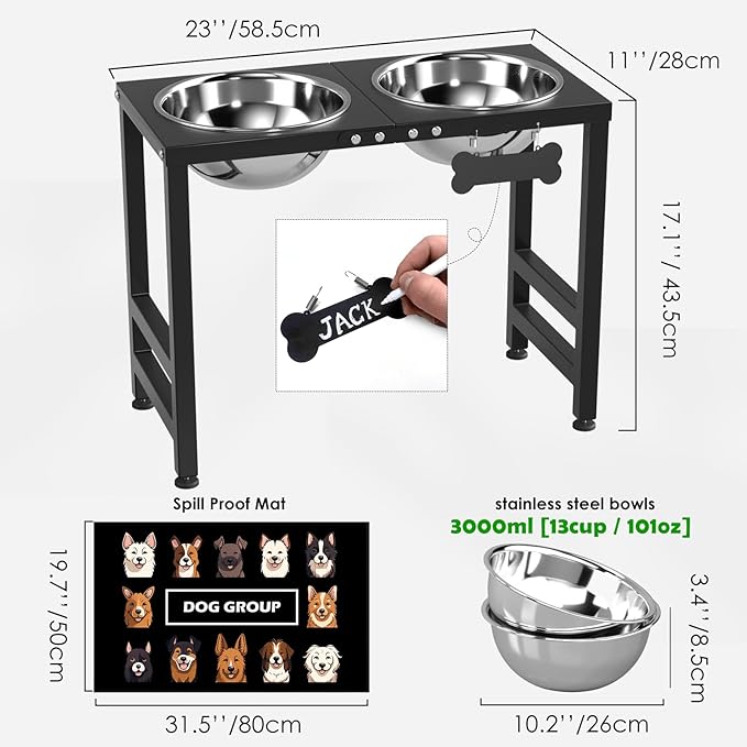 Elevated Dog Bowls for Large Extral Large Breed, Raised Bowl Stand with 2 Stainless Steel Bowls (101oz) and Spill-Proof Mat, 17" Tall Dog Feeder for Extra Large Breeds-Mewly Pet