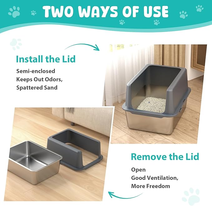 Litter Box with Lid, Stainless Steel Litter Box, 12" Metal Litter Pan High Sides, Small Litter Tray for Kittens, Cat Litter Tray Covered Grey, Easy Clean-Mewly Pet