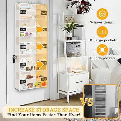 Over the Door Organizer, 5-Tier Extra Large Storage with 10 Pockets and PVC Label Pouches, 80 lbs Capacity Hanging Closet Organizer, Beige