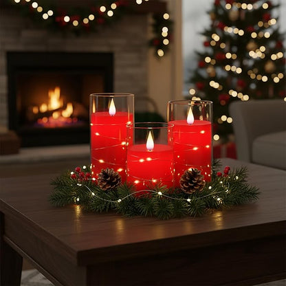Homemory Flickering Flameless Candles with String Lights, Battery Operated Candles, Embedded String Lights LED Candles, Unbreakable Plexiglass Candle with Remote, Set of 3, Red