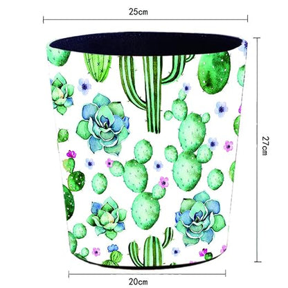 10L/2.64 Gallon PU Leather Trash Can, Decorative Waterproof Wastebasket Dustbin Garbage Bin for Home Office Bathroom - Cactus B