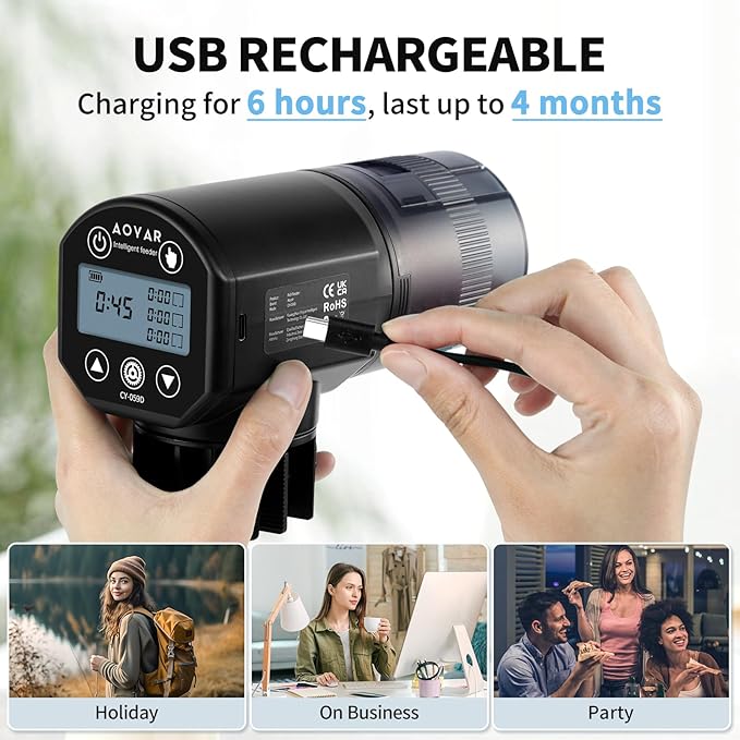 Automatic Fish Feeder Dispenser for Aquarium: Rechargeable Auto Feeders for Tank Turtle Pond Betta - 200ml Smart Food Feeding Timer Dispensers for Flake Pellet Vacation Weekend-Mewly Pet