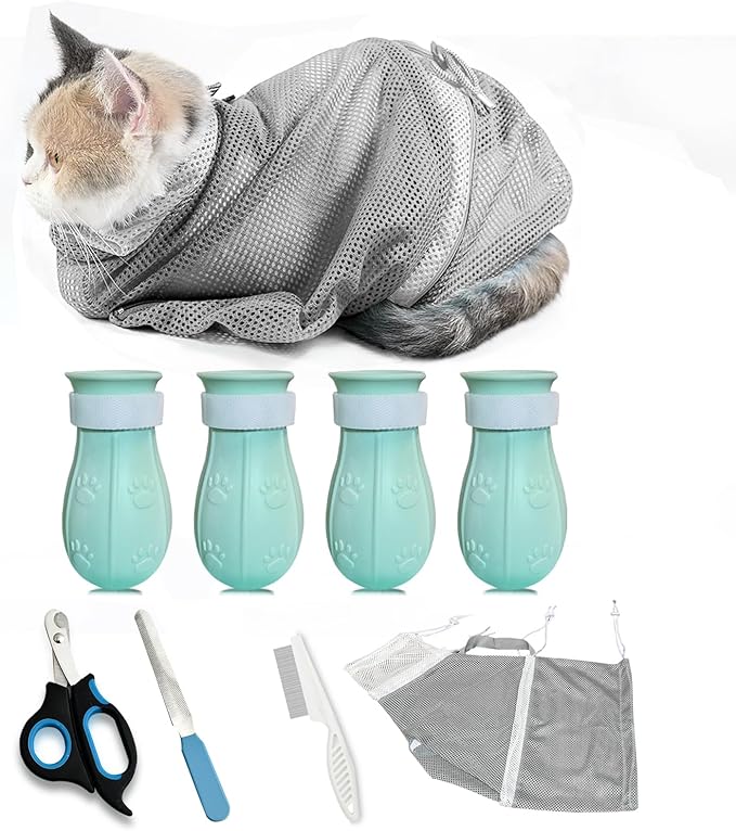 8 Piece Cat Grooming Supplies ，Adjustable Multifunctional Anti-Bite Shower net Bag，Cat Claw Covers，Cat Bath Brush and Cat Nail Clipper(Grey-B)-Mewly Pet