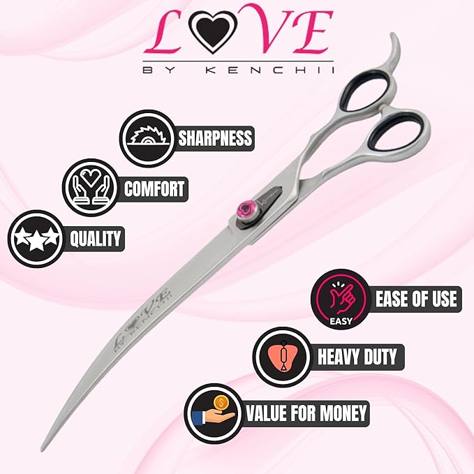 Kenchii Love Dog Grooming Scissors, 9 Inch Curved Shears, Dog Scissors for Grooming, Professional Pet Grooming Scissors-Mewly Pet