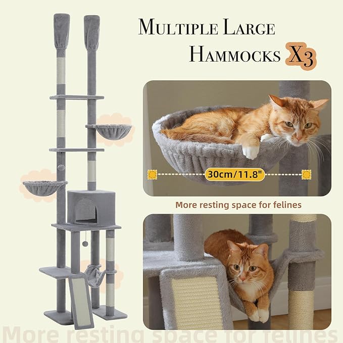 PAWZ Road Tall Cat Tree, Floor to Ceiling Cat Tower with Adjustable Height(85-112 Inches), 7 Tiers Climbing Tower with Cozy Hammocks, 5 Platforms and Scratching Posts for Indoor Cats-Gray-Mewly Pet
