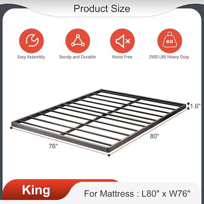 1.6 Inch King Box Spring Low Profile Heavy Duty Metal King Size Box Spring Bed Base Bunkie Board, Sturdy Mattress Foundation, Easy Assembly, Noise Free, Black