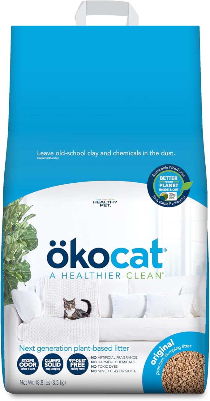 ökocat Original Wood Clumping Cat Litter, Unscented, 18.8 pounds - Natural Ingredients, Stops Odor, Clumps Solid, 99% Dust Free, Great for All Cats-Mewly Pet