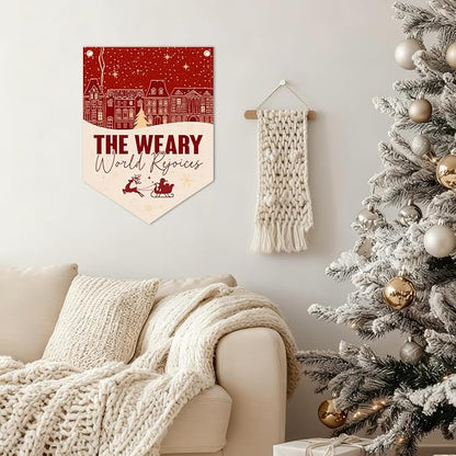 Christmas Wall Hanging Banner, "The Weary World Rejoices" Canvas Wall Art, Festive Town & Santa Sleigh Print Hanging Decor for Home, Living Room, Bedroom Holiday Decoration, 15.7 x 21.6 In