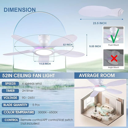52 Inch Ceiling Fans with Lights and Remote/APP Control, Low Profile Ceiling Fans with Dimmable White + RGB Ring Lights, 6 Speeds 5 Curved Blades for Kids Room Bedroom Bar, White