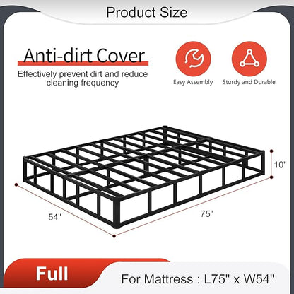 10 Inch High Profile Full Size Box Spring Heavy Duty Metal Box Spring Full Size with Fabric Cover, Sturdy Mattress Foundation, Easy Assembly, Noise Free, Black